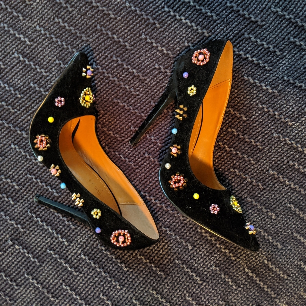 Shoe Republic LA Black Heels with Colorful Embellishments